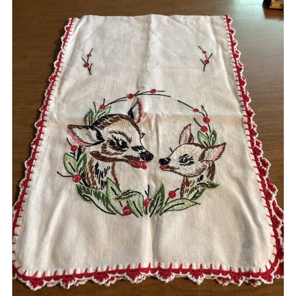 Vintage Hand Embroidered Tea Towel Table Runner Mom & Baby Deer White Red Green